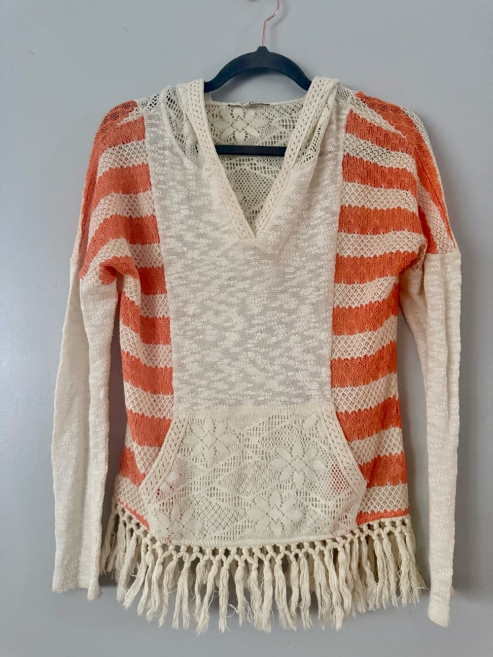 EUC Boho Western Miss Me Tassel Hoodie | Crochet Knit Striped Top